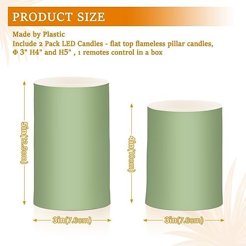 YETTASBIN Sage Green Color Flameless Candles with Remote Control and Timer, Adjustable Brightness Long Lasting Battery Operated LED Pillar Candles for Indoor Outdoor Party Holiday Home Decor, 2 Pack - Image 3