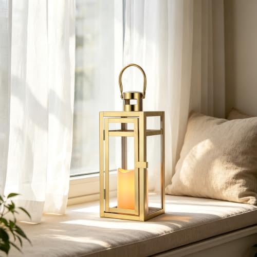 TRIROCKS Stainless Steel Decorative Lantern 12'' High Metal Candle Holder Outdoor Candle Lantern with Tempered Glass for Home Decor Living Room Parties Events Tabletop Wedding Indoor Outdoor (Gold) - Image 4
