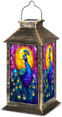 Solar Lantern Peacock Stained Glass Vibrant Blue Feathers Golden Mosaic Halo Outdoor Waterproof Hanging Solar Light Outside Lights for Patio Yard House Lawn Decor Birthday Gifts for Women Mom by Unknown