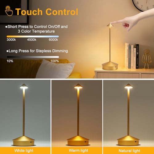 EJQ Cordless Table Lamp,Portable LED Table Light, Rechargeable 6000mAh Battery Operated, 3 Color Stepless Dimming Up Touch Lamp for Restaurant/Bedroom/Bars/Outdoor Party/Camping/Camping Light(Gold) - Image 5