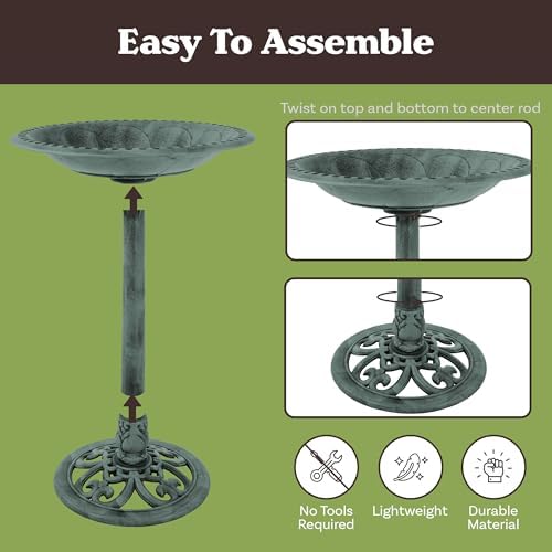 Pure Garden Antique Style Outdoor Bird Bath, Patina Green - Image 5