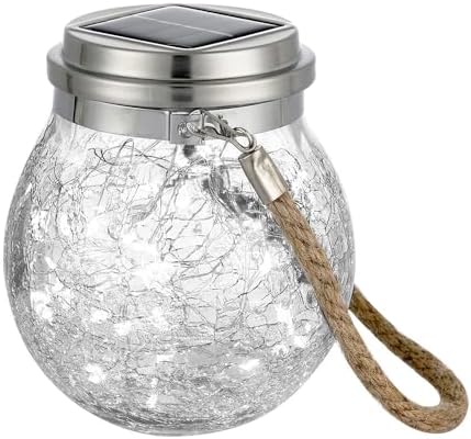Solar Hanging Mason Jar Lights - Cracked Glass 30 LED Fairy Firefly Lantern String Lights, Outdoor Waterproof Patio Porch Garden Yard Balcony Lawn Wall Lighting Decor by Unknown