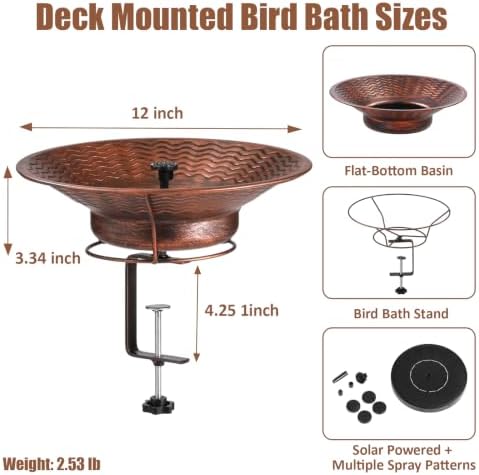 Deck Mounted Bird Bath with Railing Clamp, Solar Bird Bath Fountains - Image 2