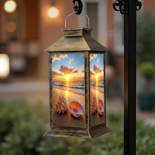 Solar Lantern Outdoor Waterproof Sea Shells Tropical Beach Garden Decor LED Hanging Solar Lights Tabletop Lamp Gifts for Women Mom Outside Yard Patio Porch by DERUINVAIO