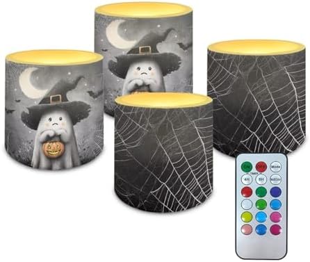 Halloween Flameless Candles with Remote Battery Operated Candles with Timer Flickering LED Battery Operated Elictric Pillar Tealights for Home Decorations, Moon Ghost Spider Web by Merkmak