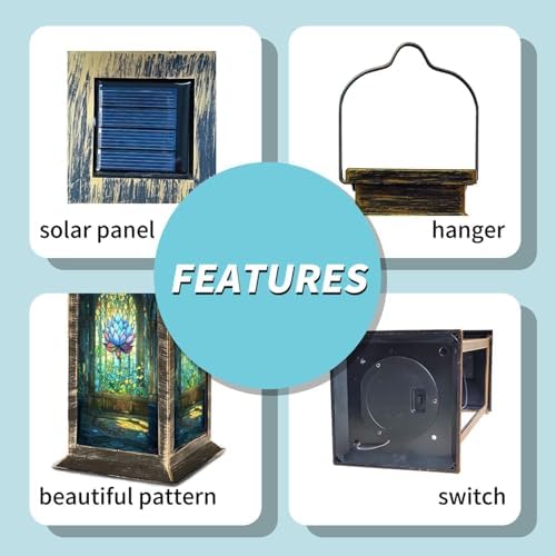 Solar Lantern Art Stained Glass Window Majestic Lotus Flower Outdoor Waterproof Garden Hanging Lantern Solar Powered Lighting Outside Table Lamp for Patio Deck Camping 1 Pack - Image 4