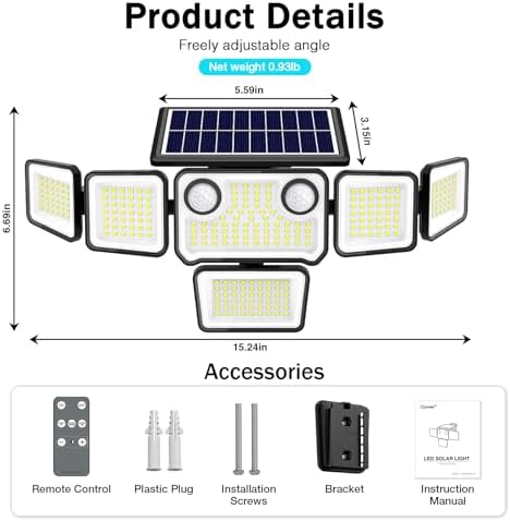 6000LM Solar Lights Outdoor Waterproof, 6 Heads Solar Flood Lights Outdoor with 2 Motion Sensor, 310 LED Motion Light with Remote Control for Yard Outside House Patio 2 Pack - Image 3