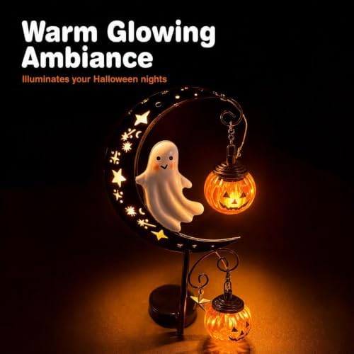 Halloween Solar Garden Stake Light Crescent Moon Cute Ghost - Image 3