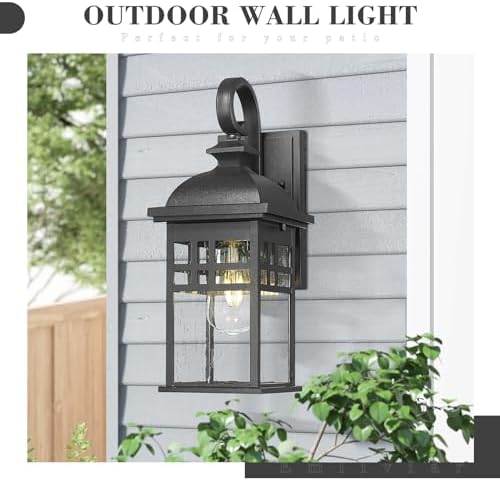 Emliviar 15" Outdoor Porch Lights 2 Pack, Outdoor Wall Lights for House, Seeded Glass Shade, Black Finish, DE279B-2PK BK - Image 3
