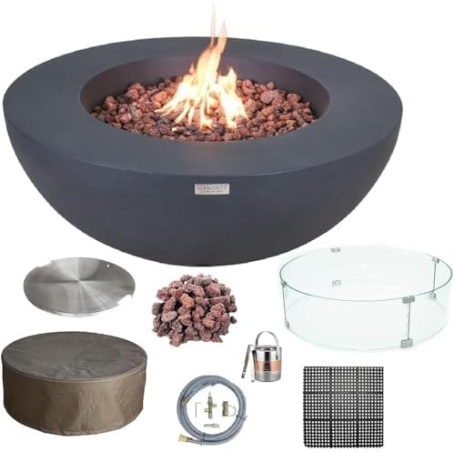 Elementi Lunar Bowl Cast Concrete Fire Table Bundle, Outdoor Fire Pit Fire Table Patio Furniture, Dark Gray (Natural Gas) by AMSFireplaceInc