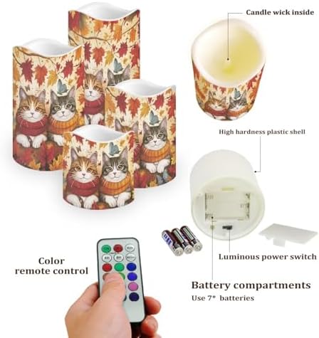 Fall Maple Leaves Cat Flameless Candles with Timer and Color Changing Pillar Candles Battery Operated Tea Light for Thanksgiving Day Party Electric LED Candle Kitchen Dining House Decor - Image 3
