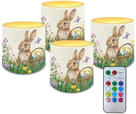 4 Pack Floral Bunny Flameless Candles with 18-Key Remote Battery Operated Candles with Timer Easter Day Flickering LED Elictric Pillar Tealights for Living Room Bedroom Home Decor by Merkmak
