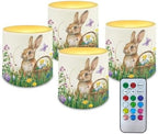 4 Pack Floral Bunny Flameless Candles with 18-Key Remote Battery Operated Candles with Timer Easter Day Flickering LED Elictric Pillar Tealights for Living Room Bedroom Home Decor by Merkmak