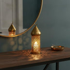 Sturdy Metal Construction Gold-Plated Lantern for Hanging or Tabletop Display, Decorative Candle Holder with Moroccan Cutouts for Indoor and Patio Ambiance - Image 3