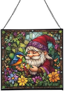 Gnome Making Flower Crowns Stained Glass Suncatcher – Square Hanging Window Panel for Home or Greenhouse – Whimsical Glass Art Gift for Garden Lovers, Christmas, Halloween, Father Days 4xTfjK by Custom