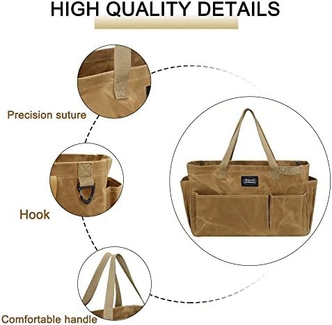 Portable Garden Camping Tool Storage Bag,Waxed Canvas Firewood Carrier Tote bag,Collapsible Sturdy Garden Basket Great for Women, Gardener, Electrician, Repairer (Khaki) - Image 5