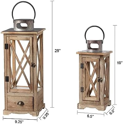 TIMRIS Large Farmhouse Wooden Candle Lantern Set of 2, Rustic Floor Candle Lanterns with Drawer, Vintage Hurricane Lantern Holder for Indoor Outdoor Decor (No Glass) - Image 5