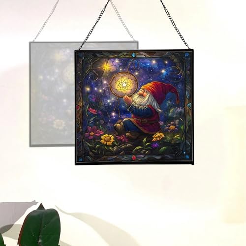 Gnome with Dreamcatcher Stained Glass Suncatcher – Square Hanging Window Panel for Home or Greenhouse – Whimsical Glass Art Gift for Garden Lovers, Christmas, Halloween, Father Days vrZDDK - Image 4