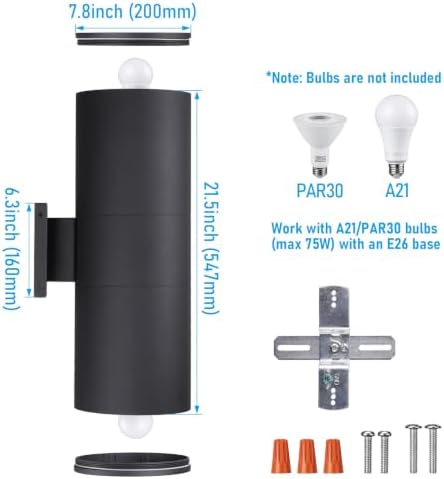 LEONLITE 2-Pack 22" Outdoor Cylinder Wall Light, Up and Down, E26 Base - Image 6