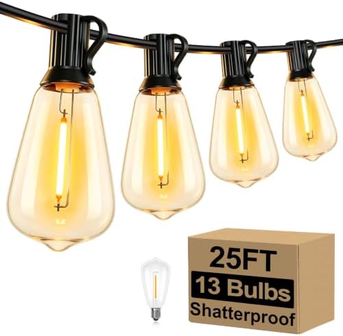 Brightever 25FT Outdoor String Lights 13 Bulbs, 2200K Amber Lights by Brightever