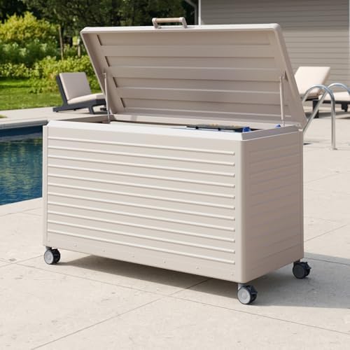 MIRADOR 134 Gallon Outdoor Storage Box with Wheels & Soft-Close Lid, Waterproof Metal Deck Box for Patio Cushions, Garden Tools & Pool Accessories, Latte by Mirador