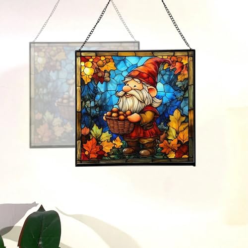 Gnome with Acorn Basket Stained Glass Suncatcher – Square Hanging Window Panel for Home or Greenhouse – Whimsical Glass Art Gift for Garden Lovers, Christmas, Halloween, Father Days XSKOKa - Image 4