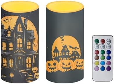 Halloween Flameless Candles with Remote and Timers Battery Operated Candles for Trick or Treat Day Home Party Banquet Decoration, Pumpkin Haunted House Print by Merkmak
