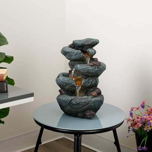 Alpine Corporation TZL418 14" 3 Tier Rock Fountain with LED Lights, Elegant Cascading Water Feature for Tabletop, Indoor Decor, Relaxing Stone Waterfall for Home & Office, Gray - Image 2