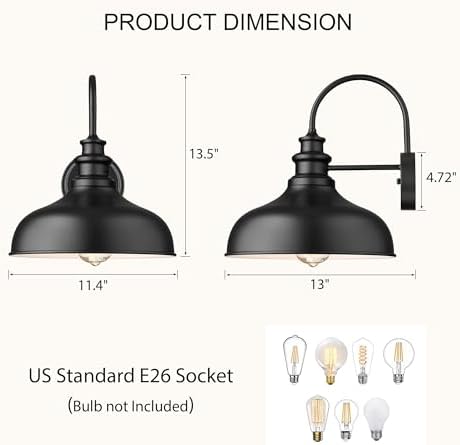 Bestshared Outdoor Farmhouse Barn Lights, 2 Pack 11.4 Inch Dome Porch Wall Sconces, Weather Resistant Exterior Lighting Fixture, E26 Socket Outdoor Wall Lights for Porch,Front Door,Garage (Black) - Image 3