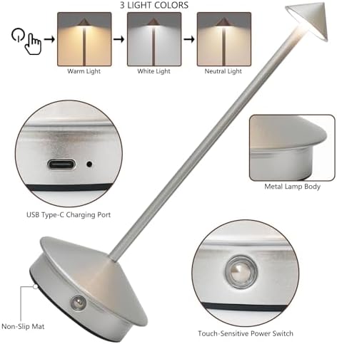 2 Pack Cordless LED Table Lamp, Rechargeable 5200mAH Battery Operated Lamp for Decor, 3 Color Stepless Dimming Desk Lamps, for Restaurant, Bedroom, Outdoor Camping, Coffee Shop, Night Light - Image 5