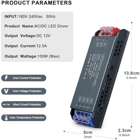 QNNP® LED Driver 150 Watts 12V Low Voltage Transformer Power Supply Transformer Adapter AC 100V-265V to 12V DC, LED Power Supply for Indoor Lighting - Image 2