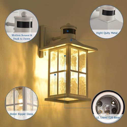 2 Pack Motion Sensor Porch Lights White Dusk to Dawn Outdoor Wall Lantern - Image 3