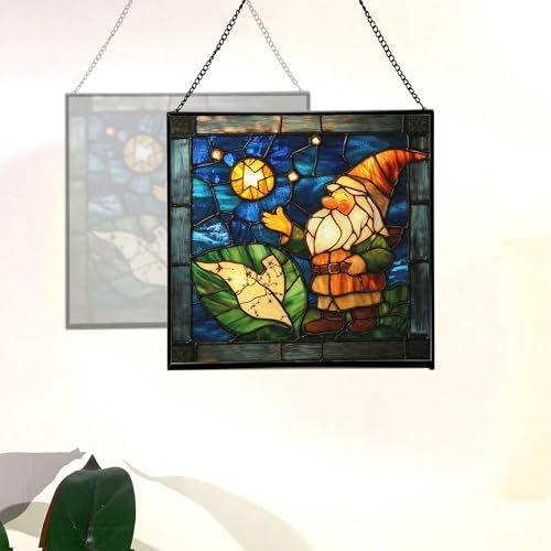 Gnome with Night Sky map Stained Glass Suncatcher – Square Hanging Window Panel for Home, Garden, Nursery, Halloween, Christmas, Memorial Day – Whimsical Glass Art Gift for Gnome Lovers uieqyf - Image 4