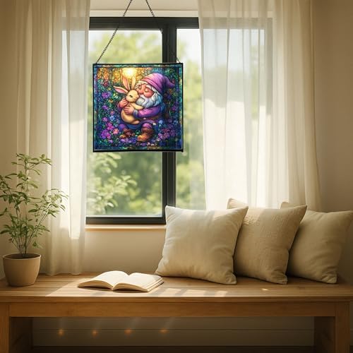 Bunny Friend Gnome Stained Glass Suncatcher – Square Hanging Window Panel for Home or Greenhouse – Whimsical Glass Art Gift for Garden Lovers, Christmas, Halloween, Father Days Yzi8g9 - Image 7