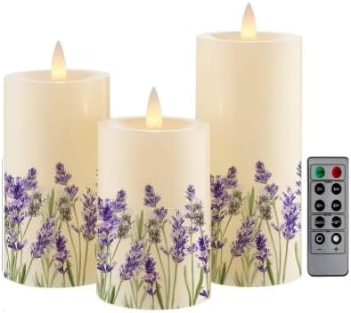 Lilac Flower Flameless Pillar Candles, Set of 3 Real Wax LED Candles with Remote Timer, 3D Moving Flame, Battery Operated (2AA) Up to 400 Hours, Spring Decor by CozierGlow