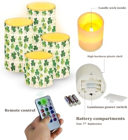 4 Pack Battery Operated Candles with Timer and Remote Shamrocks White Flameless Candles for Home Decorations LED Lights for St Patrick's Day Dining Table Party - Image 2