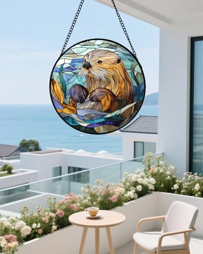 Sea Otter Stained Glass Window Hanging Suncatcher Gifts for Women 12" by amderven