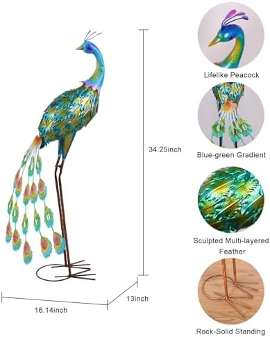 YEAHOME Garden Decor Outdoor Statues, 34" Large Metal Peacock Standing Yard Art, Blue Green Bird Lawn Sculptures Garden Decor for Outside Patio Porch Backyard - Image 4