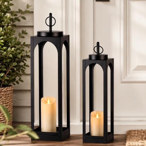 24" 19" Large Decorative Lanterns, 2 Pcs Black Floor Lanterns with Candles - Image 5