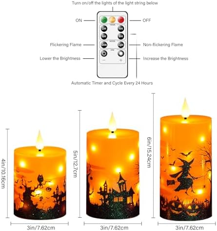 kakoya Flickering Flameless Candles with Remote,3 Pcs Real Wax LED Pillar Candles Battery Operate with Embedded Star String for Creation of Horror Atmosphere Halloween Decoration Gifts(Orange) - Image 5