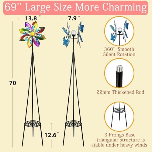 69" Metal Wind Spinners Outdoor with Plant Rack,3 Legs Colorful Windmill - Image 3