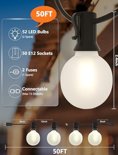 SUNSGNE G40 Outdoor String Lights Waterproof, 50FT Outdoor Hanging Lights with 52 Globe Frosted White LED Bulbs(2 Spare) for Outside Patio Tent Porch Garden Backyard Balcony Deck Decor - Image 2