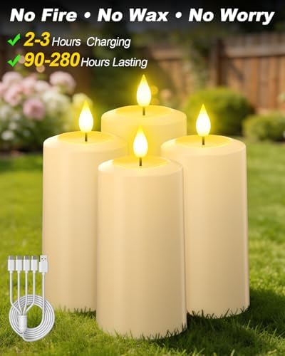 SoulBay Flameless LED Candles, 4-Pack USB Rechargeable, Flickering Waterproof White Pillar Candles with Remote Control Timer for Outdoor Lantern Patio Yard Indoor Holiday Decor, 2.75 x 5.1 Inches - Image 4