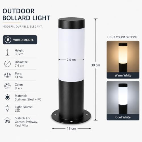 Outdoor Wired Bollard Light, Black Stainless Steel Cylinder Lamp - Image 2