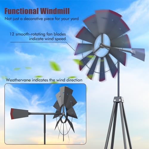 Goplus 8 ft Ornamental Windmill, All-Weather Metal Wind Mill w/ 4 Support Legs, Decorative Weathervane for Backyard, Garden, Farm, 4 Ground Stakes Included (Gray) - Image 3