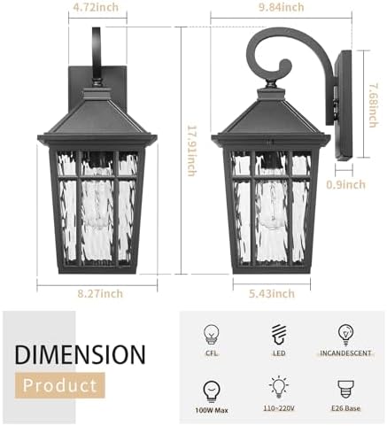 Darkaway 2pcs Large Outdoor Wall Lights for House, 18inch Exterior Lighting Fixtures Wall Mount Outdoor Porch Lights Black Outside Sconce Lights with Water Ripple Glass for Patio Garage Hallway - Image 2