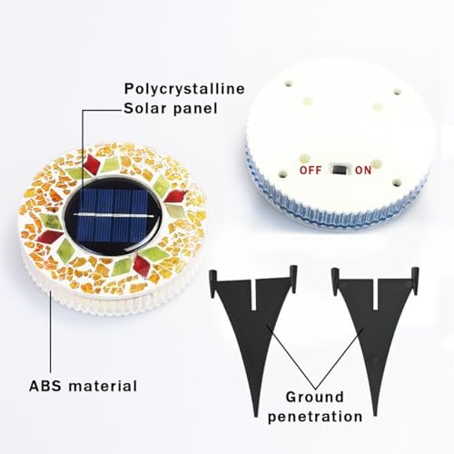 Outdoor Waterproof Mosaic Solar Ground Lights, Solar Disc Lights Outdoor Waterproof, Waterproof Colorful Glass LED Stake for Pathway Walkway Yard Patio Lawn(Yellow) - Image 2