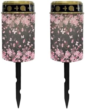 Poceacles Flameless Candle Solar Powered Grave Outdoor Solar Lights Cemetery Candle Lights Fake LED Pillar Candles Outdoor Waterproof Decorative, Peach Blossom Butterfly, Pack of 2 by Poceacles