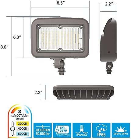 HALO Outdoor Integrated LED Large Floodlight, Bronze Finish, Selectable CCT 3000/4000/5000K, 11400 Max lumens, Dusk to Dawn - Image 3