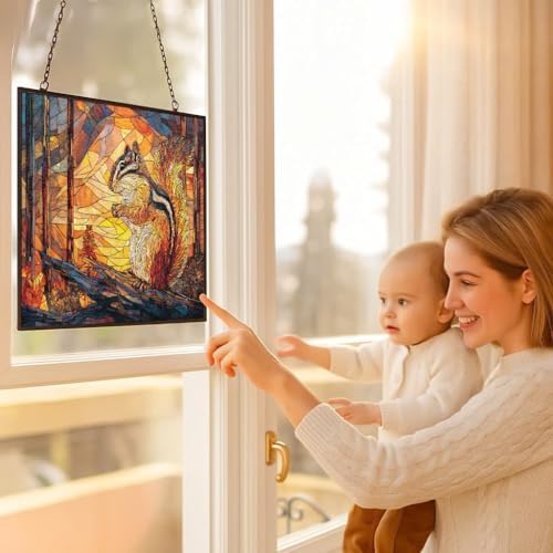 Personalized Rectangle Mosaic Chipmunk with Pinecone Stained Glass Suncatcher Window Hanging, Gothic Christmas Ornaments for Fiction Lovers, Dinosaur Room Decor for Nursery New Home Gifts - Image 5